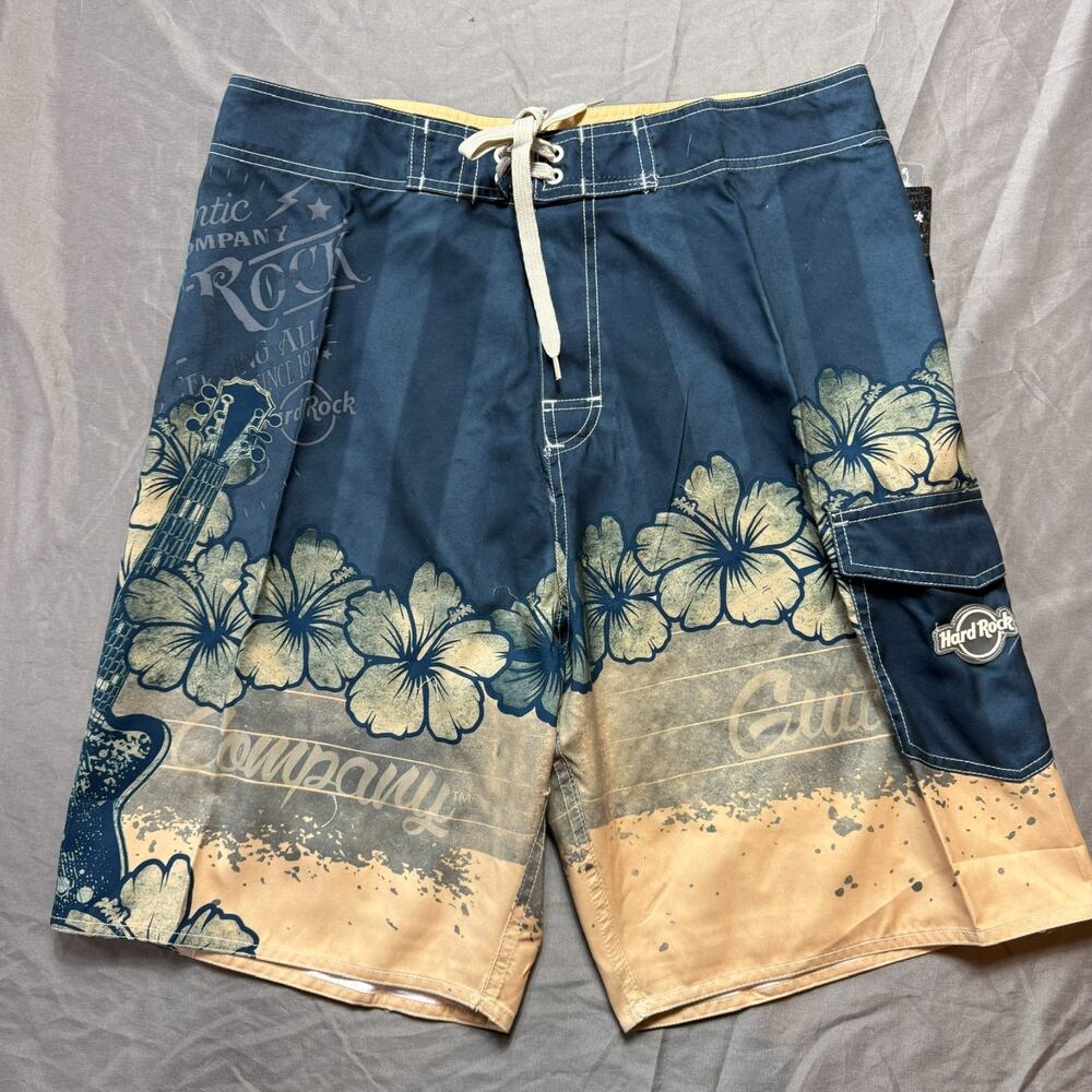 Hard Rock Boardshorts Mens 34 Swim Trunks Hibiscus Guitar Beach Swim Vacation
